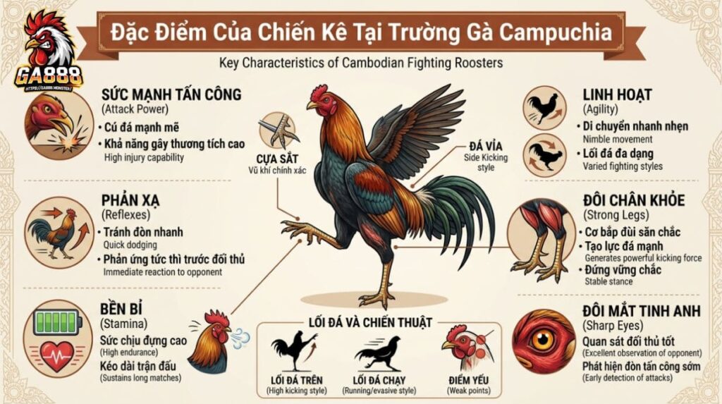 Đặc Điểm Của Chiến Kê Tại Trường Gà Campuchia